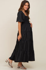 Black Square Neck Smocked Puff Short Sleeve Tiered Maternity Midi Dress