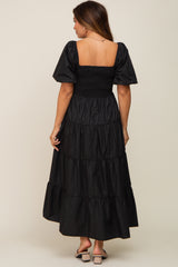 Black Square Neck Smocked Puff Short Sleeve Tiered Maternity Midi Dress