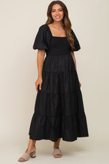 Black Square Neck Smocked Puff Short Sleeve Tiered Maternity Midi Dress