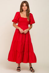 Red Square Neck Smocked Puff Short Sleeve Tiered Midi Dress