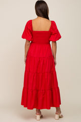 Red Square Neck Smocked Puff Short Sleeve Tiered Maternity Midi Dress