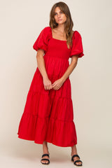 Red Square Neck Smocked Puff Short Sleeve Tiered Maternity Midi Dress