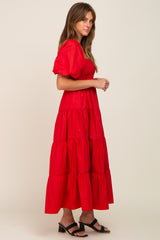 Red Square Neck Smocked Puff Short Sleeve Tiered Midi Dress