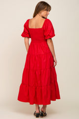 Red Square Neck Smocked Puff Short Sleeve Tiered Midi Dress