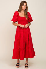 Red Square Neck Smocked Puff Short Sleeve Tiered Midi Dress