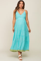 Aqua V-Neck Colorblocked Tiered Maternity Maxi Dress