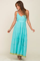 Aqua V-Neck Colorblocked Tiered Maxi Dress