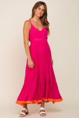 Fuchsia V-Neck Colorblocked Tiered Maternity Maxi Dress