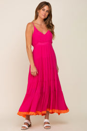 Fuchsia V-Neck Colorblocked Tiered Maxi Dress