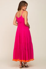 Fuchsia V-Neck Colorblocked Tiered Maxi Dress