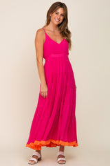 Fuchsia V-Neck Colorblocked Tiered Maxi Dress