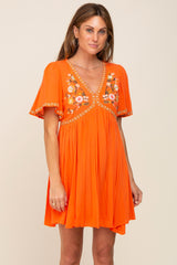 Orange Embroidered V-Neck Dress