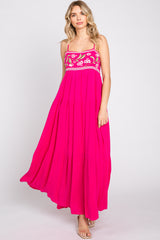 Magenta Floral Embroidery Maternity Maxi Dress