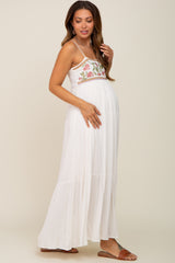 Cream Floral Embroidery Maternity Maxi Dress