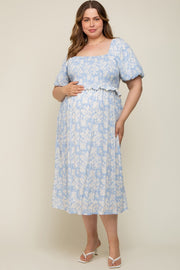 Light Blue Floral Smocked Maternity Plus Midi Dress