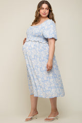 Light Blue Floral Smocked Maternity Plus Midi Dress