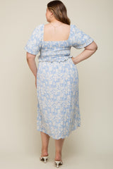 Light Blue Floral Smocked Maternity Plus Midi Dress