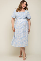 Light Blue Floral Smocked Maternity Plus Midi Dress