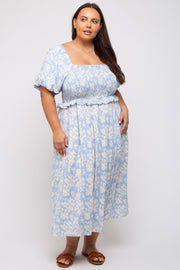 Light Blue Floral Smocked Plus Midi Dress