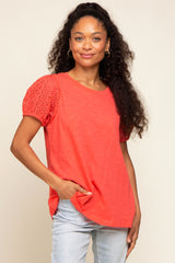 Coral Eyelet Lace Short Sleeve Maternity Top