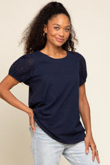 Navy Blue Eyelet Lace Short Sleeve Maternity Top