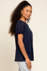 Navy Blue Eyelet Lace Short Sleeve Top