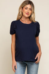 Navy Blue Eyelet Lace Short Sleeve Maternity Top