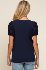 Navy Blue Eyelet Lace Short Sleeve Maternity Top