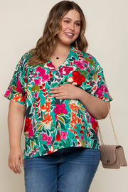 Emerald Green Floral V-Neck Maternity Plus Blouse