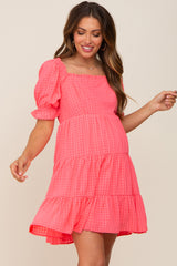 Coral Plaid Square Ruffle Neck Tiered Maternity Dress