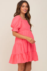 Coral Plaid Square Ruffle Neck Tiered Maternity Dress