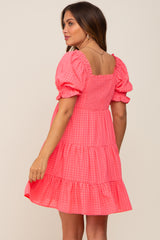 Coral Plaid Square Ruffle Neck Tiered Maternity Dress