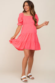 Coral Plaid Square Ruffle Neck Tiered Maternity Dress