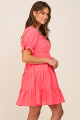 Coral Plaid Square Ruffle Neck Tiered Dress