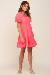 Coral Plaid Square Ruffle Neck Tiered Dress