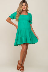 Green Plaid Square Ruffle Neck Tiered Maternity Dress