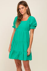 Green Plaid Square Ruffle Neck Tiered Maternity Dress