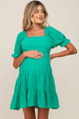 Green Plaid Square Ruffle Neck Tiered Maternity Dress