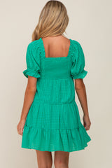 Green Plaid Square Ruffle Neck Tiered Maternity Dress