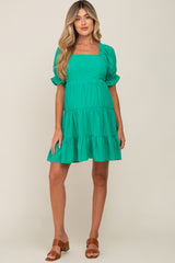 Green Plaid Square Ruffle Neck Tiered Maternity Dress