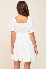 White Plaid Square Ruffle Neck Tiered Dress