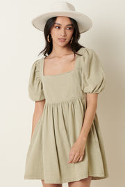 Light Olive Washed Denim Puff Sleeve Babydoll Dress