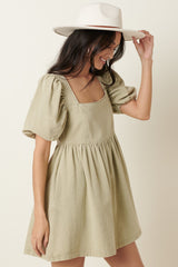 Light Olive Washed Denim Puff Sleeve Babydoll Dress