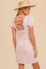 Pink Lace Up Back Puff Sleeve Square Neck Mini Dress