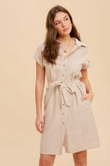 Beige Pin Stripe Belted Shirt Dress