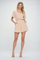 Beige Short Dolman Sleeves Crinkle Woven Romper