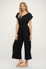 Black Short Sleeves V Neck Front Tie Woven Jumpsuit