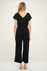 Black Short Sleeves V Neck Front Tie Woven Jumpsuit