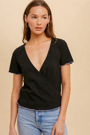 Black Lettuce Edge Short Sleeve Ribbed Wrap T-Shirt