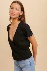 Black Lettuce Edge Short Sleeve Ribbed Wrap T-Shirt